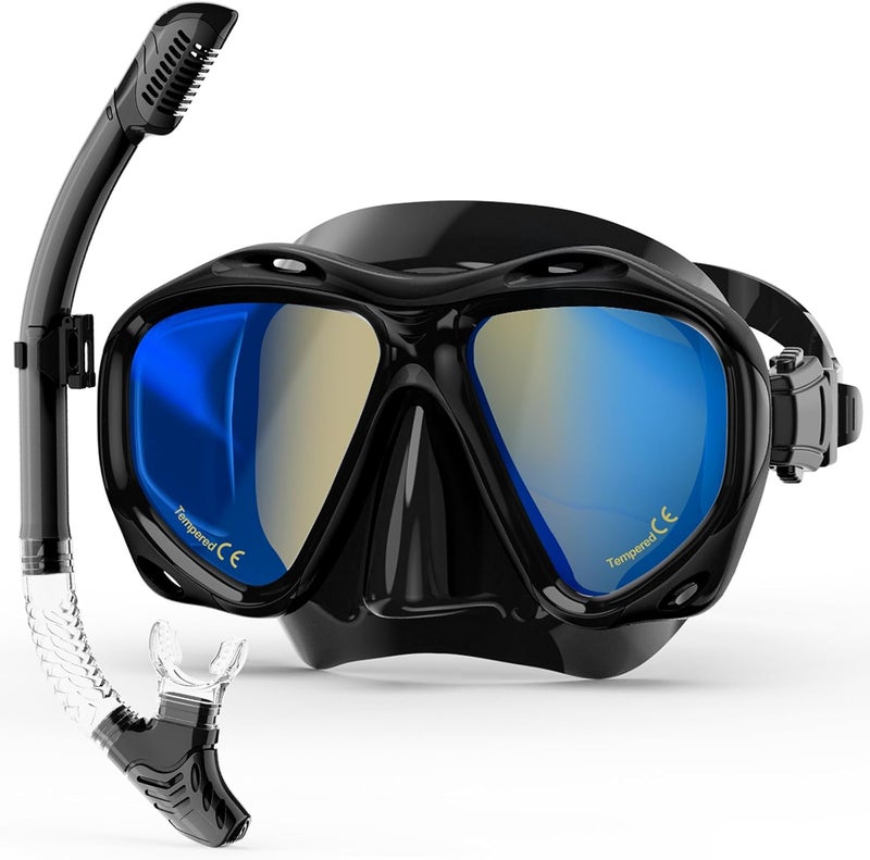 MELUMILU Snorkeling Gear for Adults, Dry Snorkel Mask Set Blue Electroplated 180° Panoramic Wide View Anti-Fog Scuba Diving Mask Goggles, Professional Snorkel Gear for Adults Swimming, Diving - Image 1